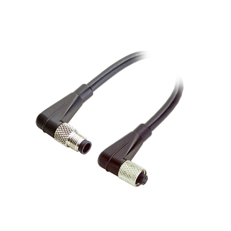 M5 3pins A code male to female right angle cable,unshielded,PVC,-10°C~+80°C,26AWG 0.14mm²,brass with nickel plated screw